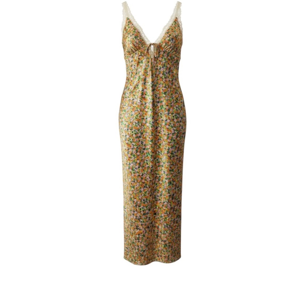 Wild Fable Floral Satin Lace Trim Maxi Slip Dress Multicolor L